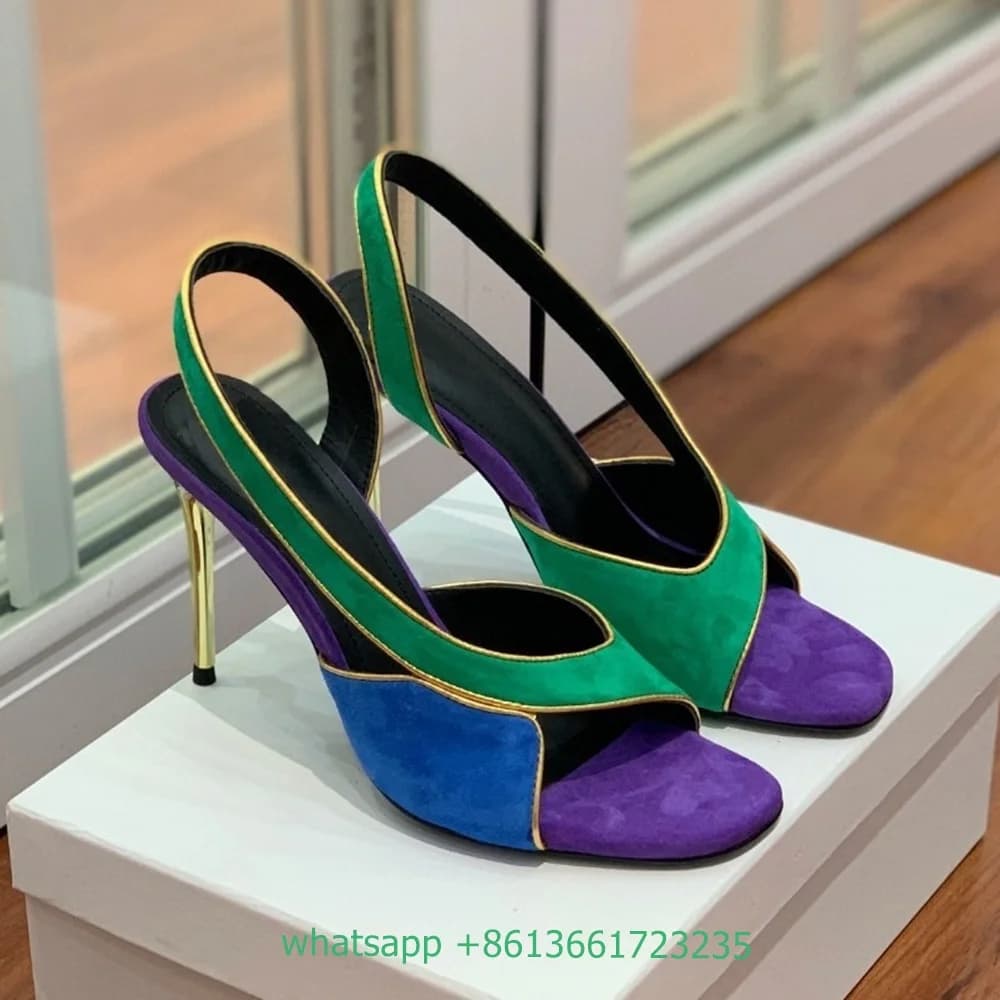 Suede Mixed Color Splicing Sandals Meatl Stiletto High Heel Slip on Women Fashion Sandals Slingback Catwalk Design Luxury Shoes