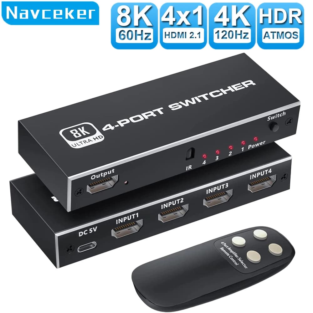 2024 Switcher HDMI 2.1-compatible 4 in 1 out 2 in 1 out 8K 60Hz 4K 120Hz Switch Splitter adapter IR Remote For PS5 PS4 Projector