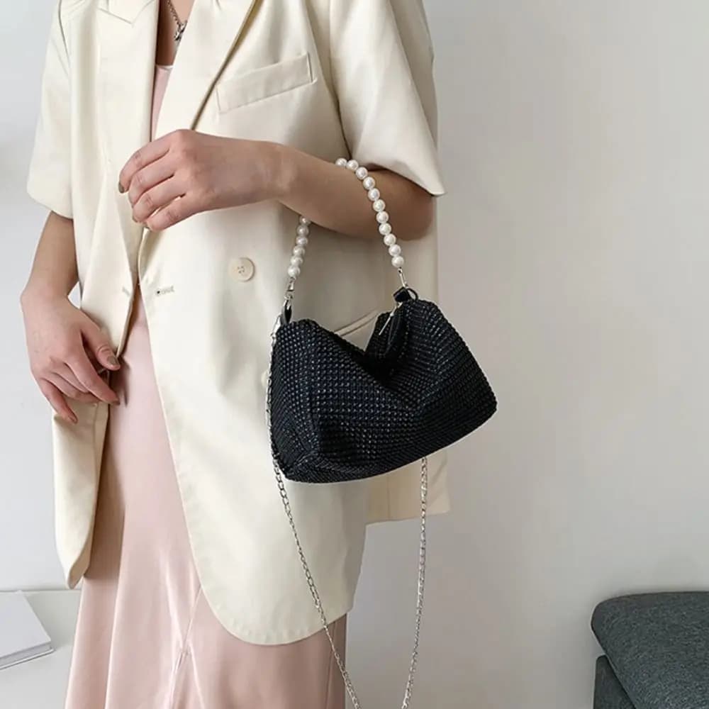 Large Capacity Rhinestone Handbag Pearl Chain Shoulder Pouch Small Square Bag Crossbody Bag Cosmetic Bag Women Shoulder Bag