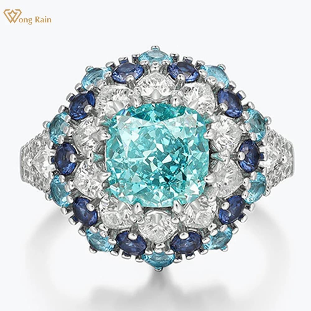 Wong Rain 100% 925 Sterling Silver Sparkling Paraiba Tourmaline High Carbon Diamond Gemstone Ring for Women Fine Jewelry Gifts