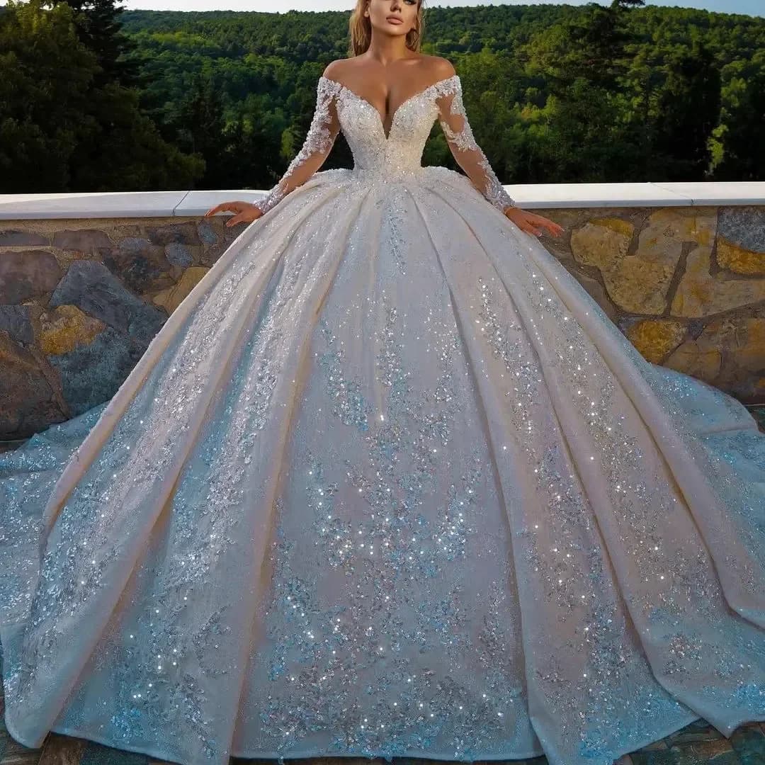Customized Ball Gowns Beaded Appliques Sequins Off Shoulder Wedding Dress  Long Sleeve Pleat Sweep Train Bridal Dresses