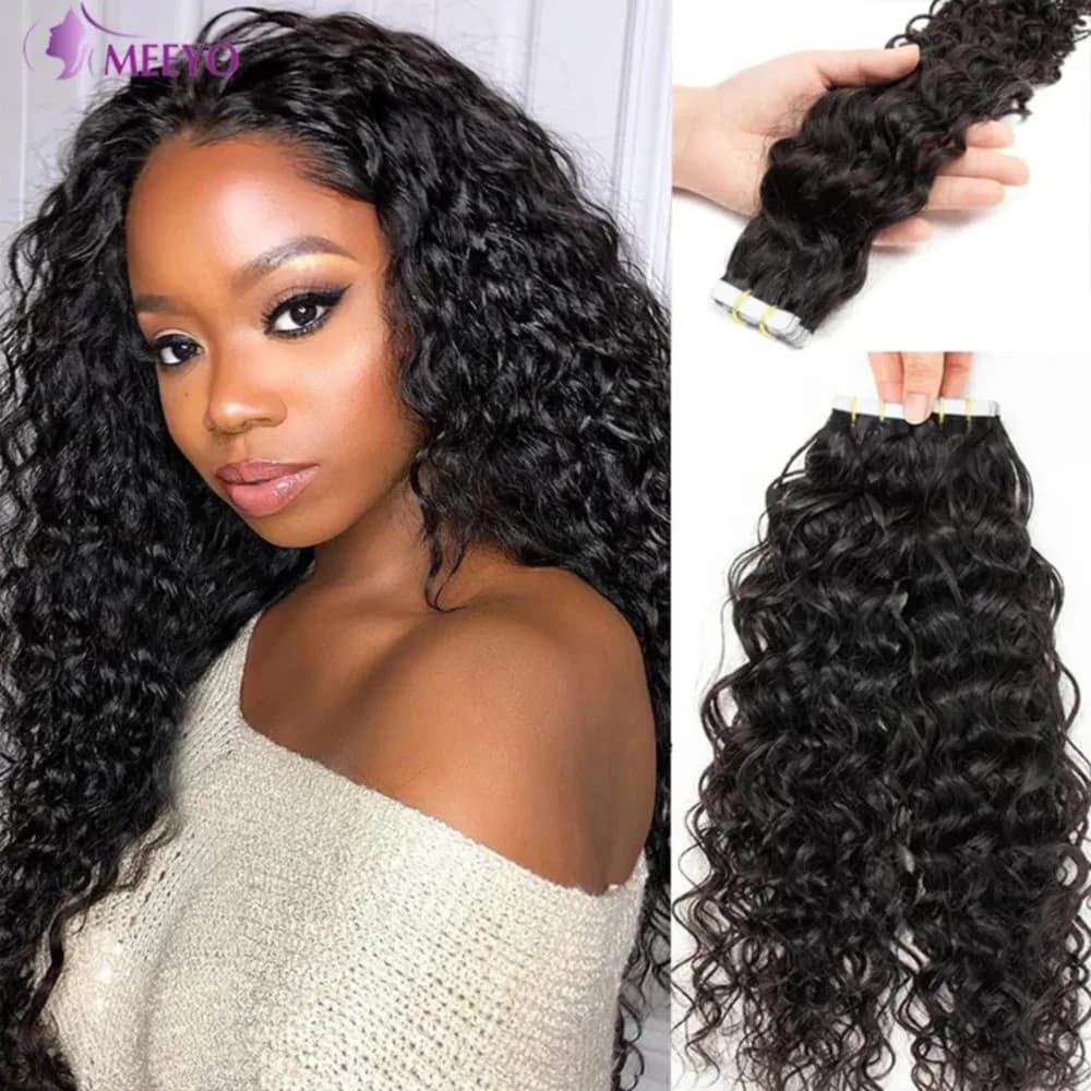Deep Wave Tape in Hair Extensions Human Hair Brazilian 100% Adhesive Curly Tape in Extensions Human Hair Natural Black For Women