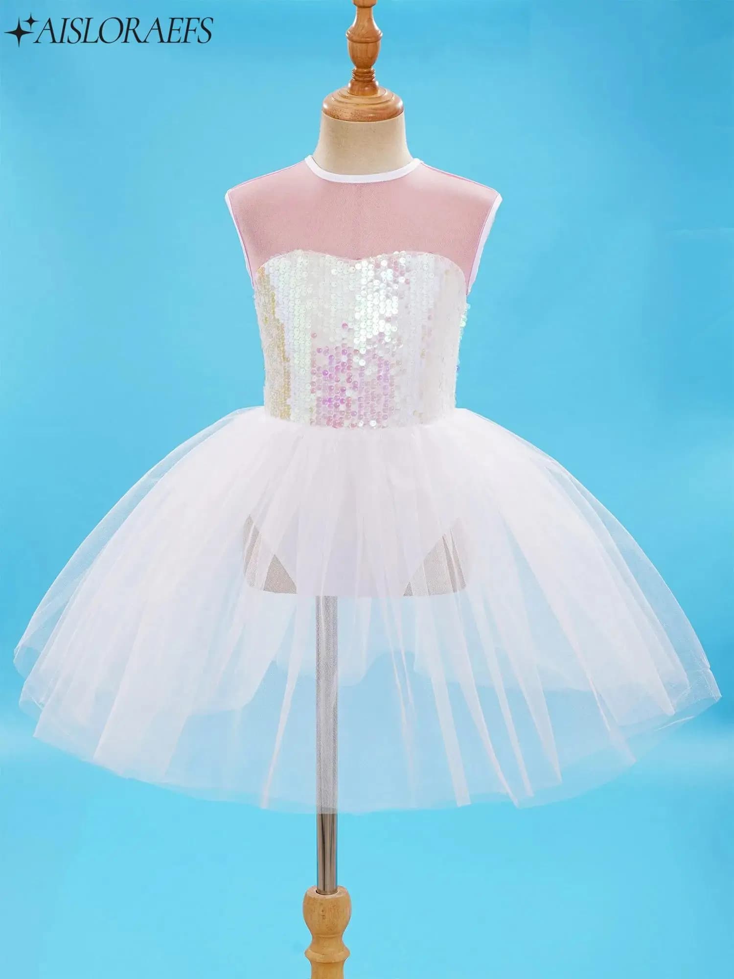 Toddler Girls Sparkly Sequins Ballet Tutu Dance Dress Open Back Sheer Mesh Sleeveless Competition Dance Ballet Leotard Dresses