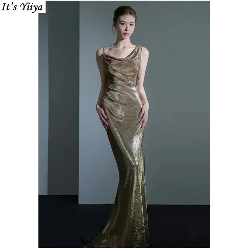 It's Yiiya Customization Evening Dress Golden Sequins Zipper Back Mermaid Trumpet Floor Length Plus size Women Party Formal Gown