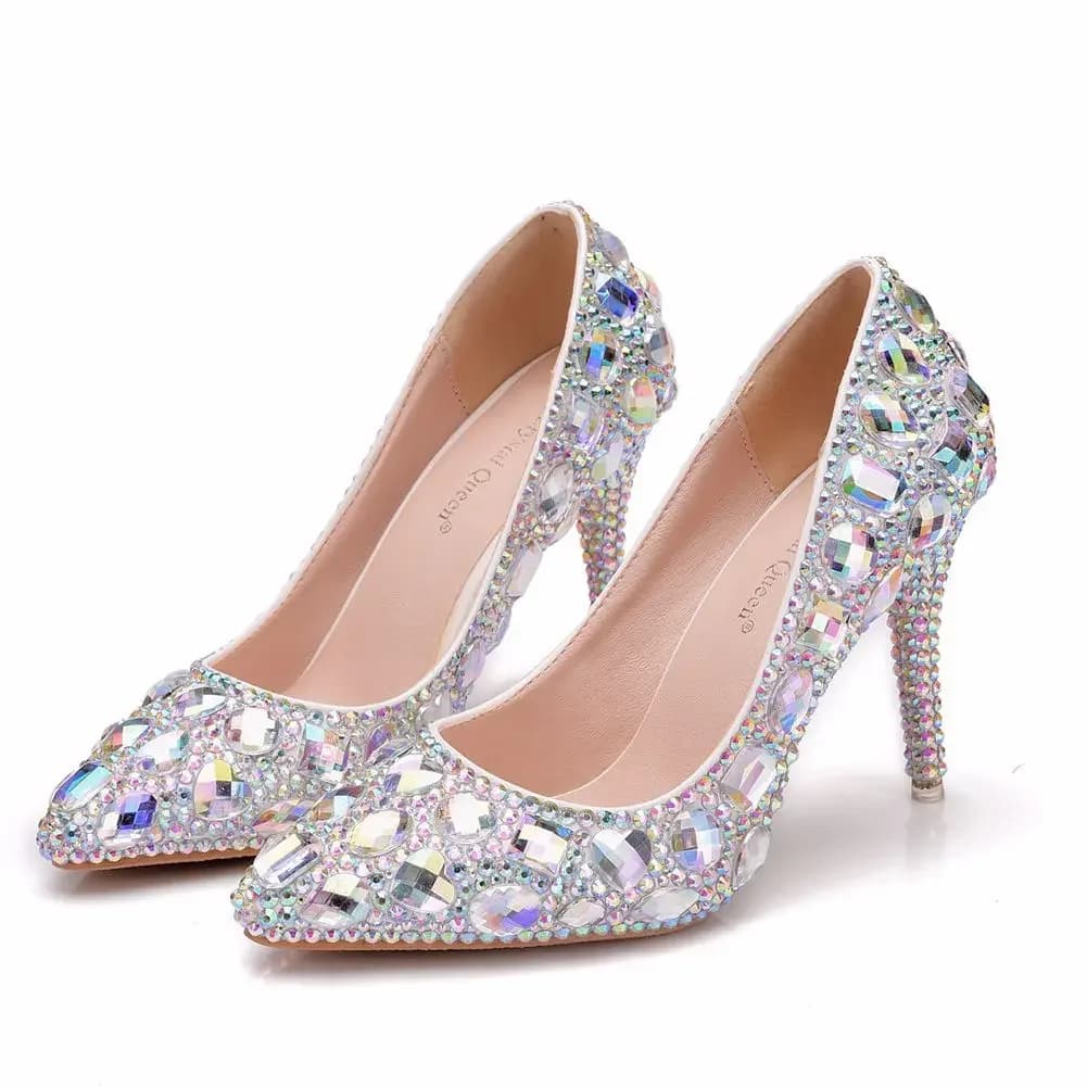 Foreign trade plus size high heels, crystal wedding shoes, rhinestone high heels, slim heels, pointed evening shoes
