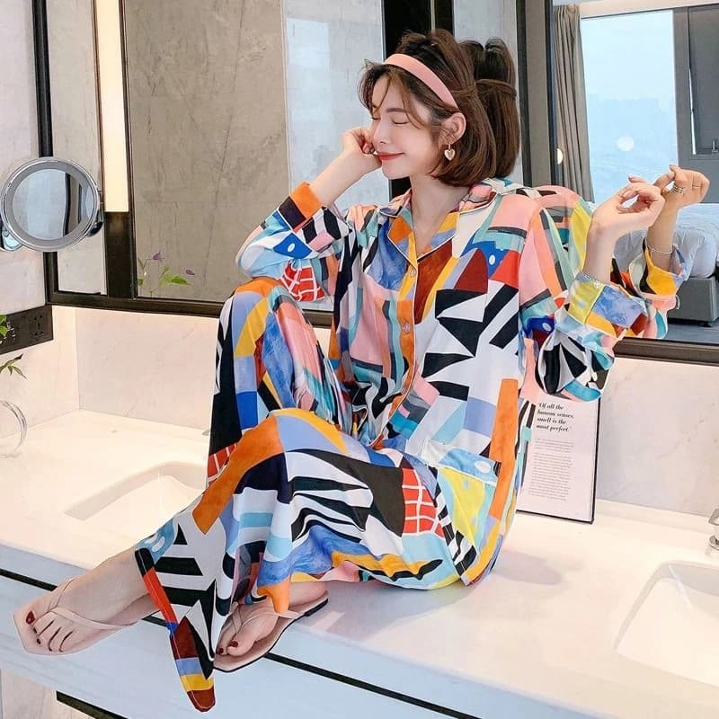 Fashion Ladies Pajama Silk New Long-sleeved Trousers Color Plaid Printing Two-piece Home Service Pajamas Loungewear Women