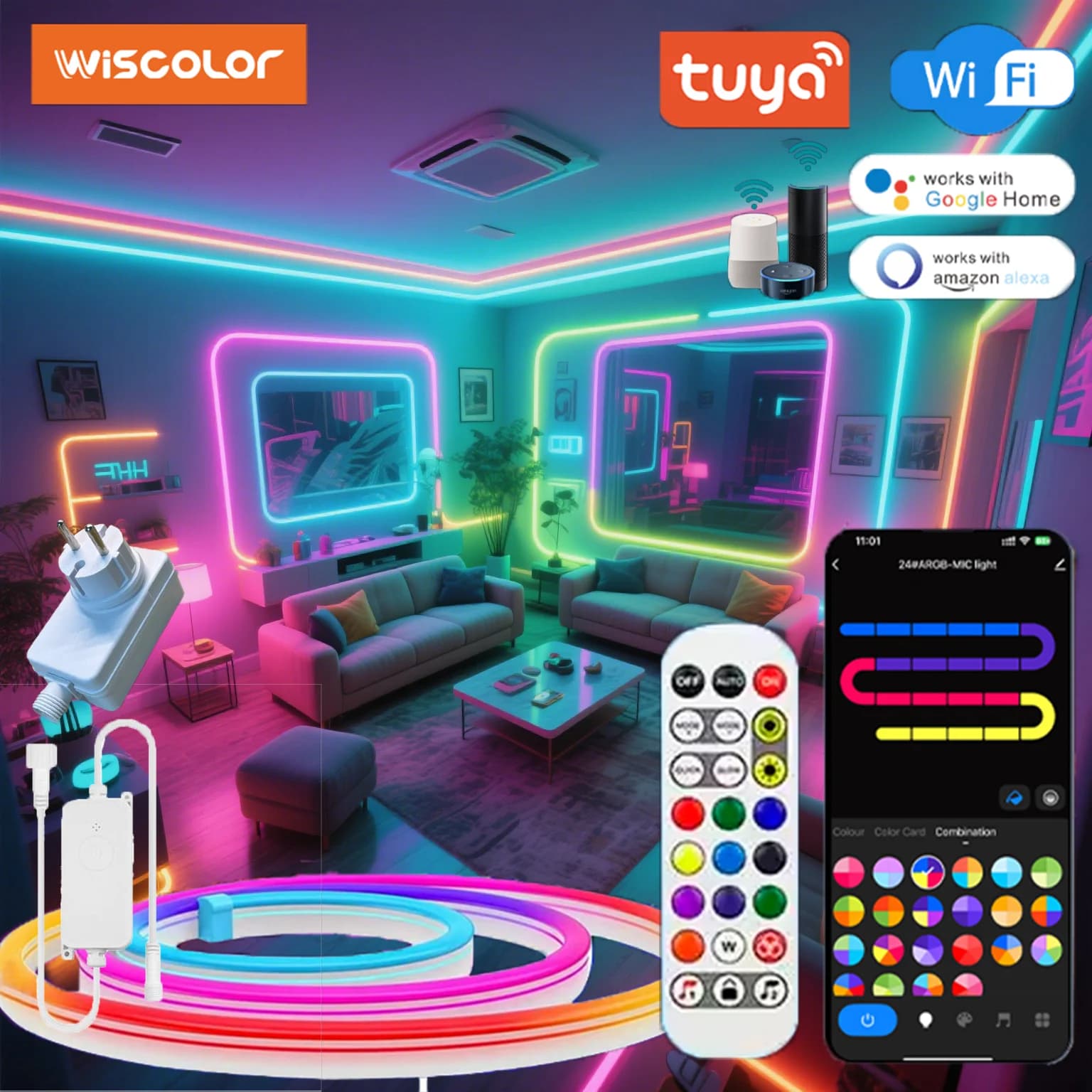 Wiscolor Tuya Wifi Plug RGBIC LED Neon Strip Lights Waterproof Suppprt Aleax/Google Home/Smart Life For Home Decoration Lighting