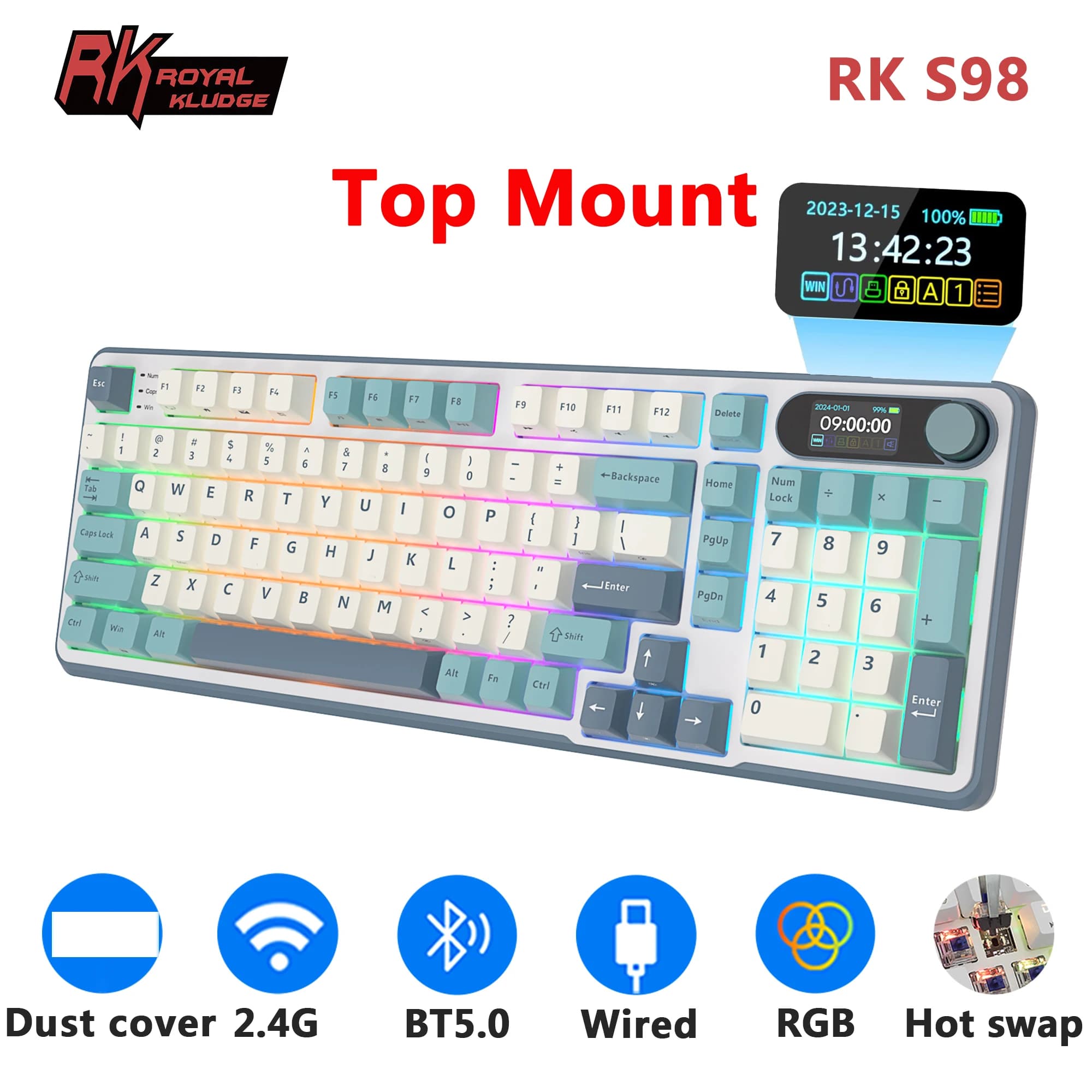 RK ROYAL KLUDGE S98 Mechanical Keyboard Top Mount TFT Screen 98 Keys RGB BT5.0/2.4G/USB-C Wireless Gamer Keyboard Hot Swappable