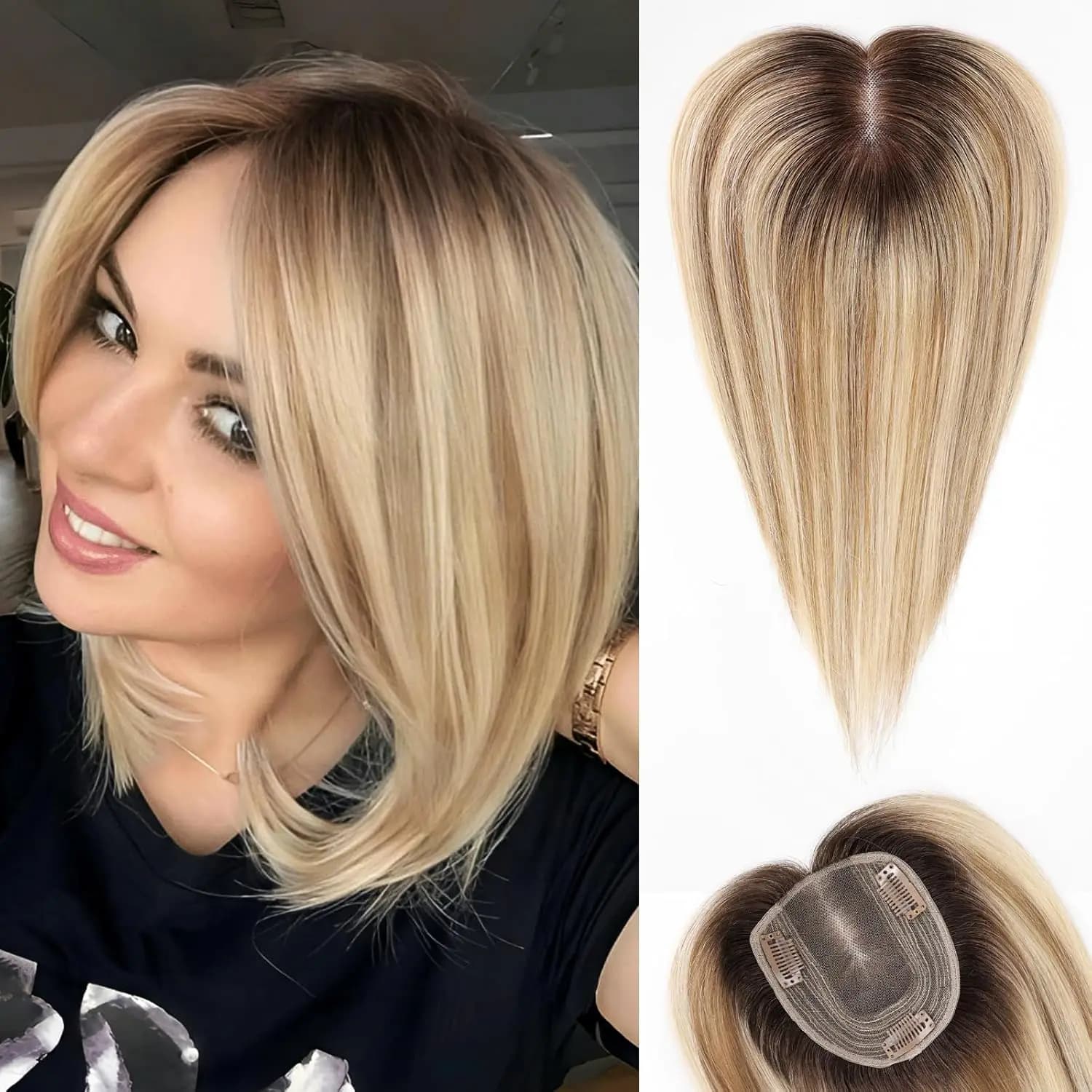 Brown Blonde Highlight 12 inch Real Human Hair Toppers for Women with Thinning Hair 3 Clips Silk Lace Base in Human Hair Toppers