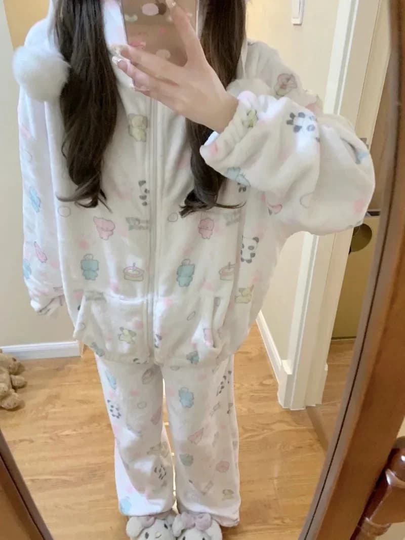 Japanese Coral Velvet Fleece Pajama Two-piece Women Sleepwear Antistatic Homewear Set Panda Thick V-neck Loungewear 2025 Winter