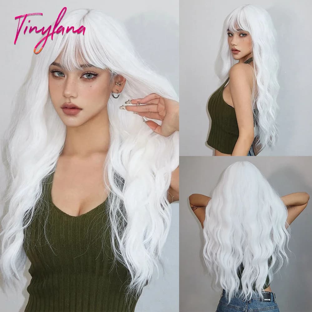 Long Curly White Platinum Synthetic Wigs with Bangs for Women Afro Cosplay Lolita Wavy Wig Natural Hair Heat Reisitant Daily Use