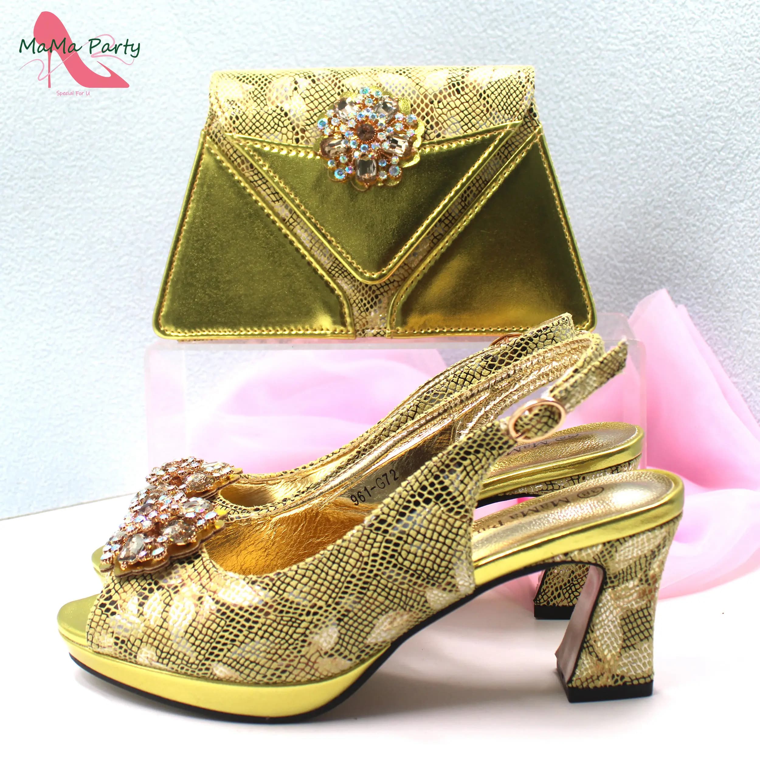 Italian Shoes and Bag Set for Women, Gold Color, Nigerian Ladies Sandal with Platform for Wedding Dress, Fashion Design, 2024