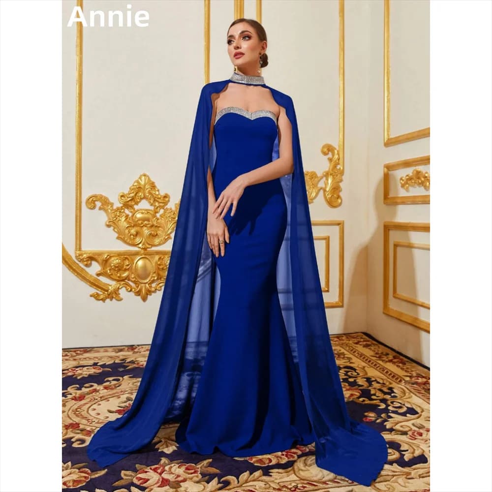 Annie Elegant Blue Prom Dresses Luxury Glitter Chiffon Cape Evening Dresses Ladies Formal Wedding Party Dress فساتين سهرة