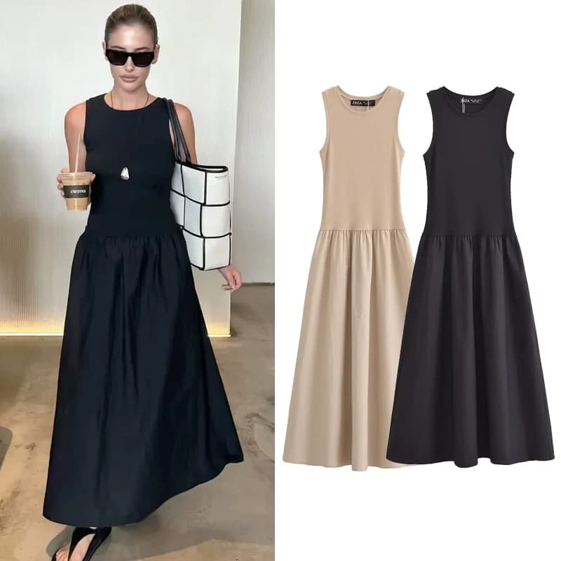 TRAF Women's Black Long Dresses 2025 Spring Sleeveless Elegant Dresses Fashion Casual Vintage Party Khaki Dresses Vestidos