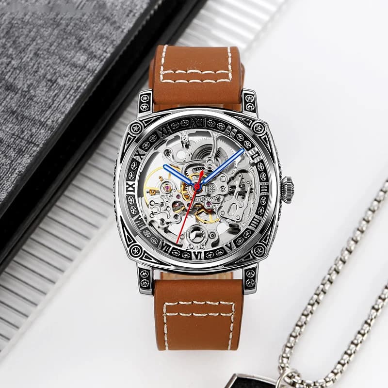 Men's Square Carved Watch Waterproof Belt Double Hollowing Automatic Mechanical Watch for Man Fashion High-end Male Wristwatch