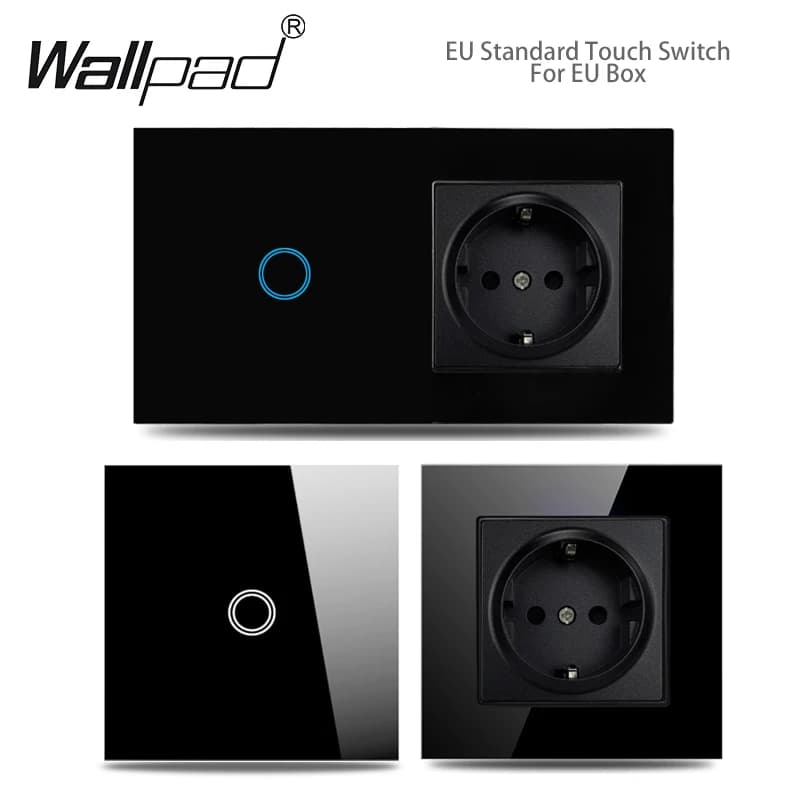 Touch Light Switch With EU Wall Socket Black 1 Gang 1 Way Led Interruptor Crystal Dark Blue Backlight Wallpad Home Improvemet