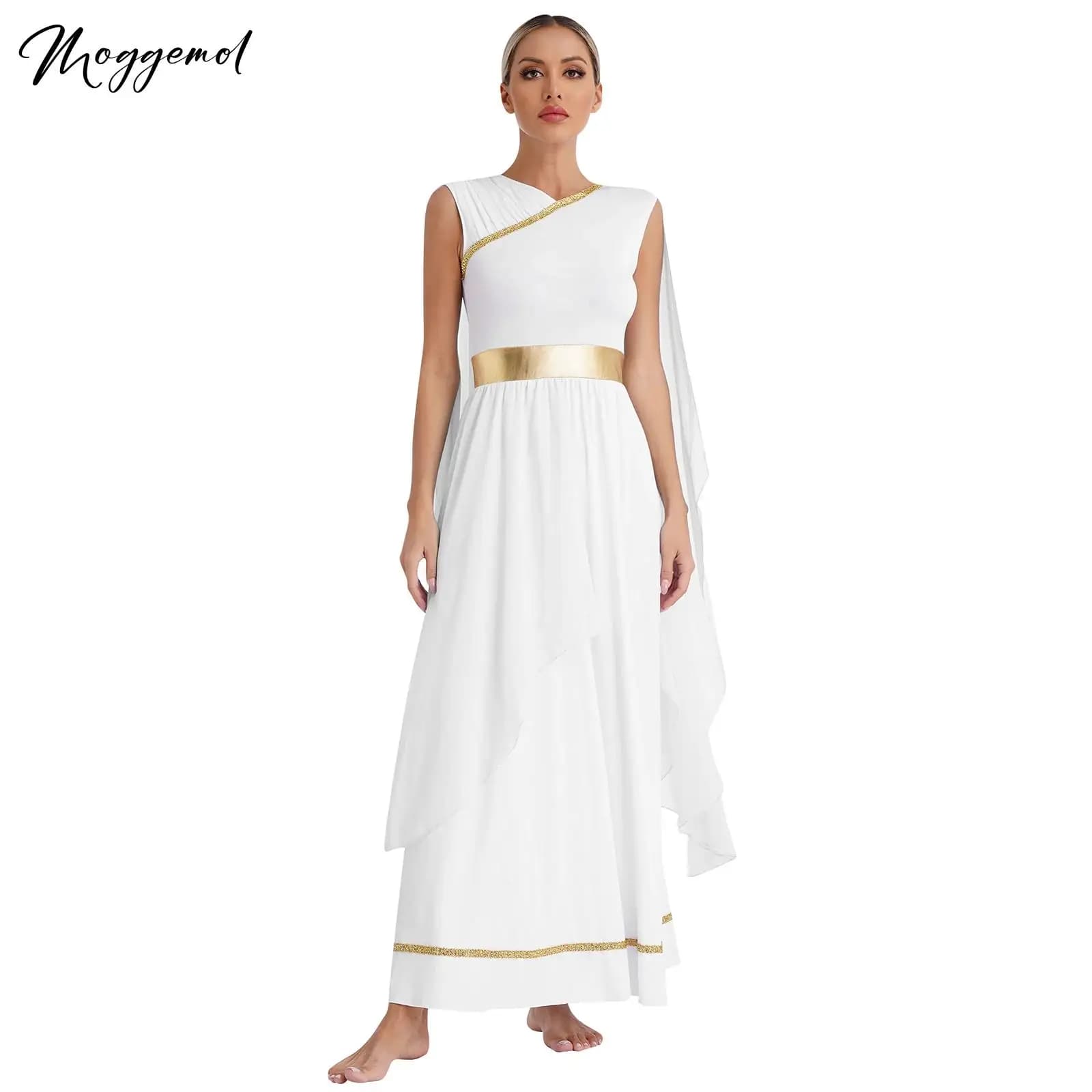 Womens Halloween Greek Deity Cosplay Costume Chiffon Gold Trims Ancient Toga Dress Greece Roman Goddness Queen Role Play Robe