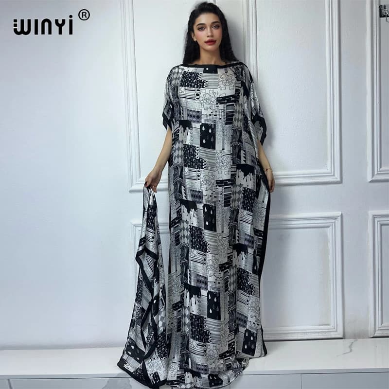 WINYI muslim african traditional dresses for woman dubai abaya Crew Neck  Kaftan robes,Elegant Maxi Length Dress,beach cover up