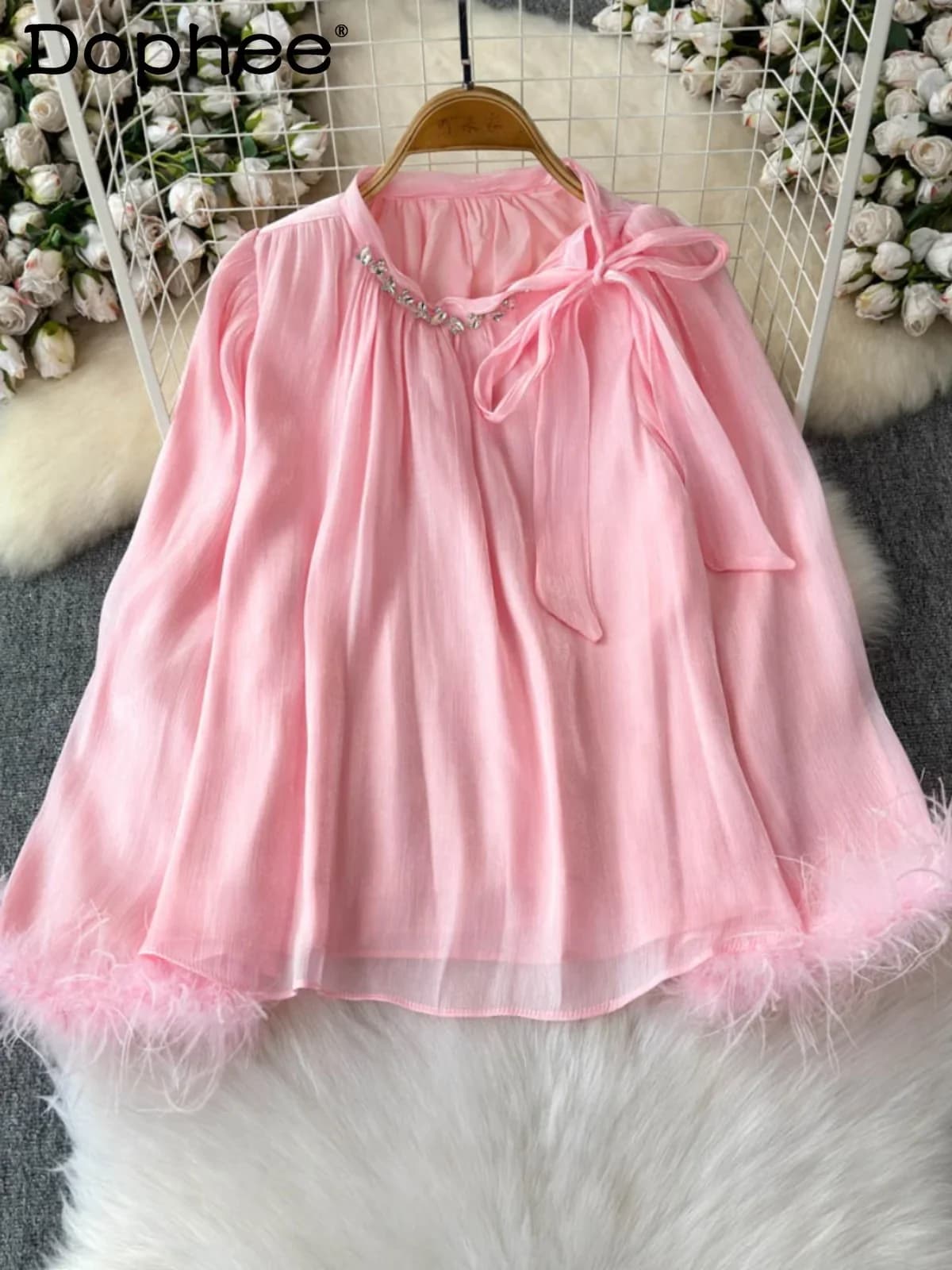 French Style Luxury High-end Apricot Ostrich Feather Satin Shirt Unique Diamond-encrusted Top Autumn 2024 New Womens Tops