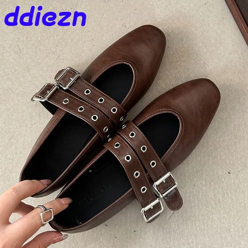 Female Footwear Round Toe Luxury Women Flats Mary Janes Shoes Shallow  Fashion Buckle Strap Ladies Ballet Flats Shoes