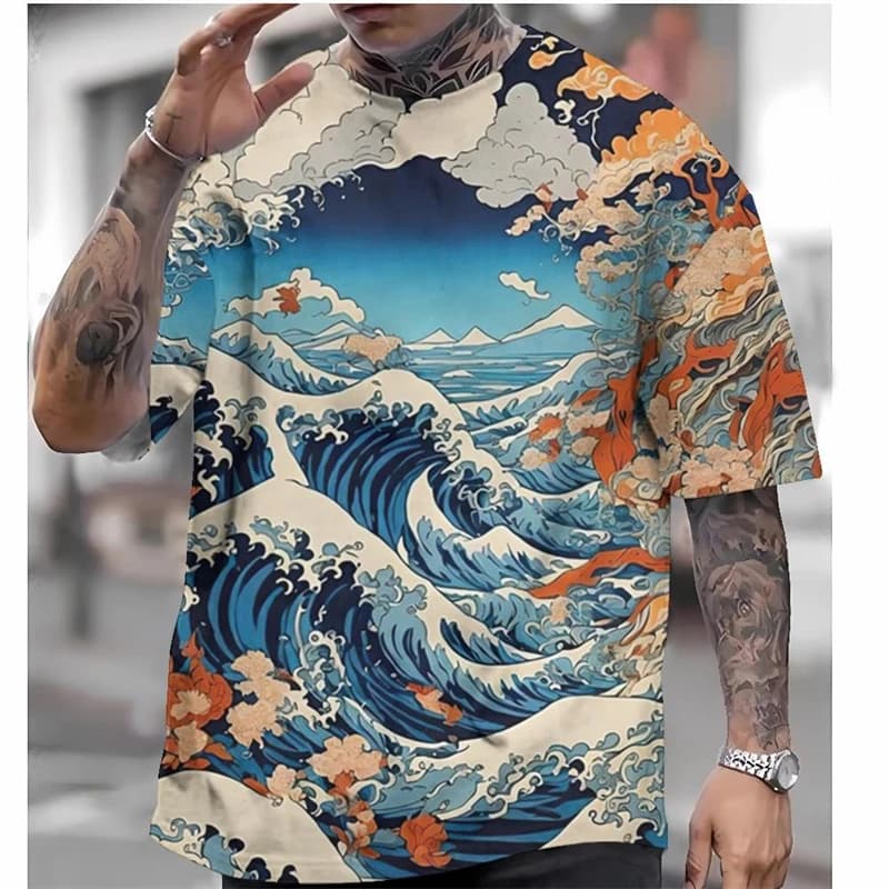 Japan Men's T Shirt Japanese Style Ukiyo E Graphic Short Sleeve O-neck T Shirts Streetwear Cool 3D Print Mount Fuji Tee Top