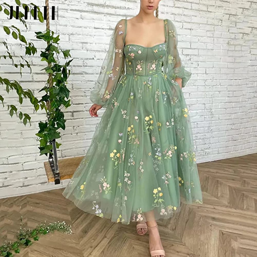 JEHETH Green Embroidered Lace Prom Dress Pastoral Puff Sleeves Sweetheart A Line Backless Evening Gown Tulle Ankle Length فساتين