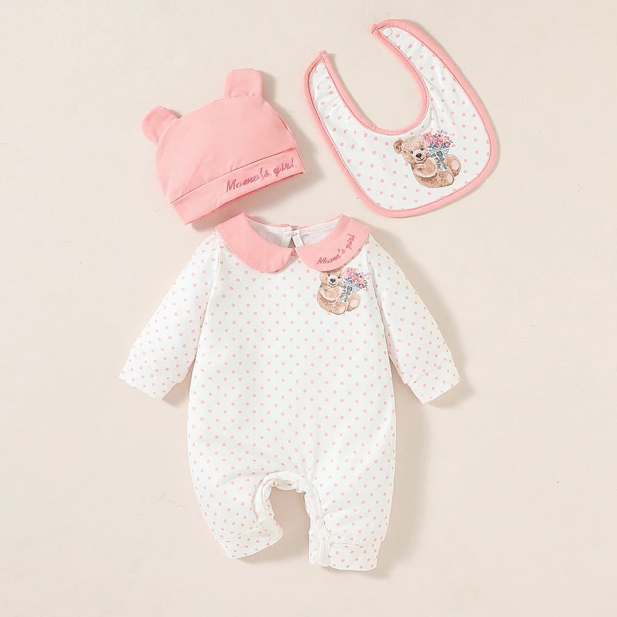 3Pcs Baby Girls Turn-down Collar Long Sleeve  Autumu Polka dot Jumpsuit Casual +Hat+Bib
