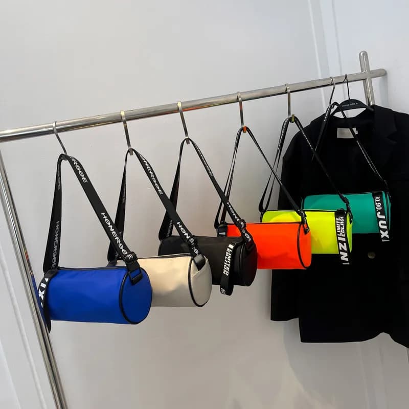 QUESHARK Men Women Crossbody Gym Bag Outdoor Travel Large Capacity Nylon Solid Color Cylinder Shoulder Bag Leisure Commuter Bag