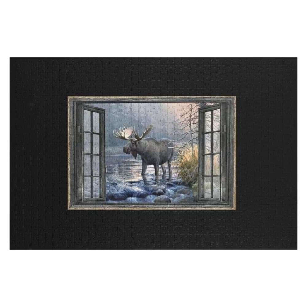 Wood Window Moose by the stream In The Forest Gift Jigsaw Puzzle Custom With Photo Diorama Accessories Wooden Boxes Puzzle