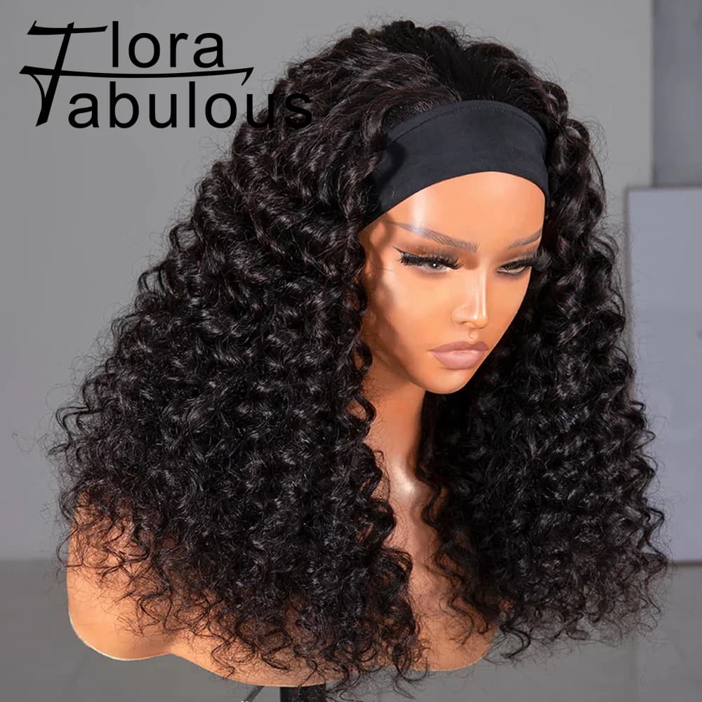 Kinky Curly Headband Wigs Brazilian Remy Human Hair 180% Density 20 Inch Wear to Go Glueless Water Wave Headband Wig For Women