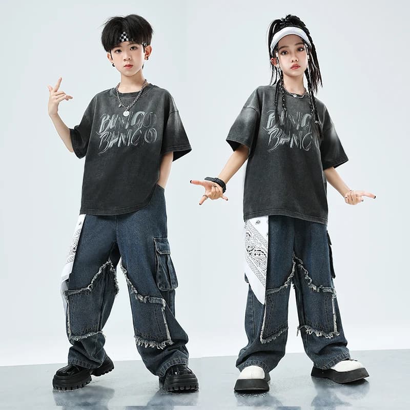 Kids Hip Hop Clothing Girls Graffit Tshirt Street Dance Cagro Denim Pants Joggers Children Jazz Costumes Teenage Clothes Sets