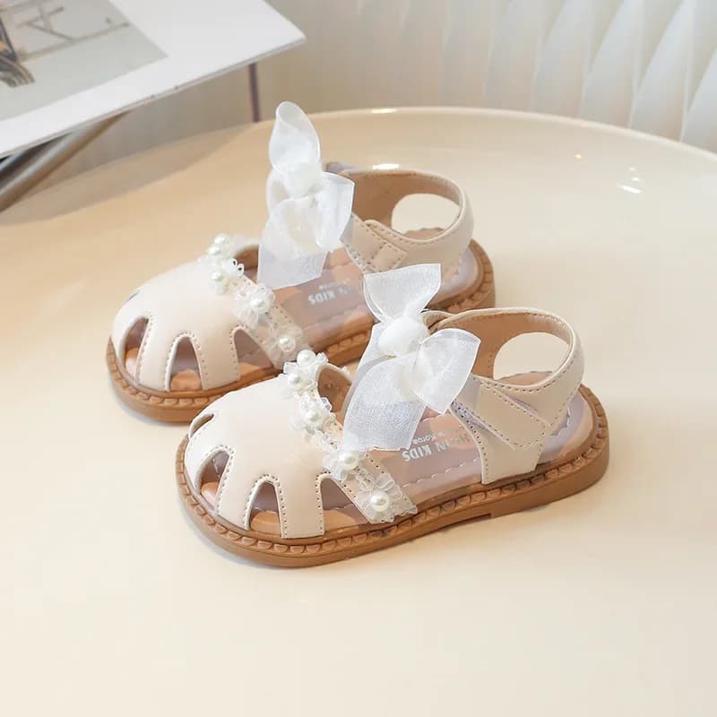 Sweet Toddler Girls Sandals Elegant Pearl Bowtie Children's Summer Sandals Fashion Cut-outs Kids Causal Princess Flat Sandals