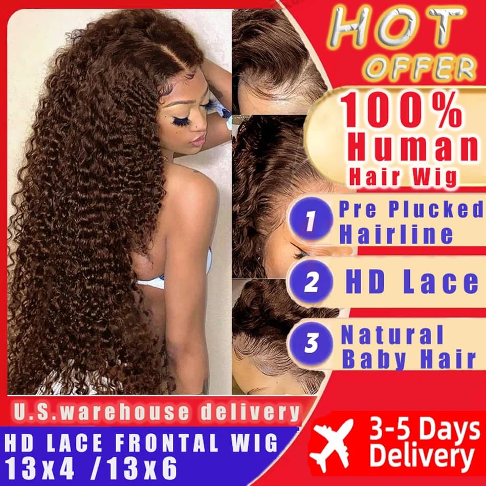 Chocolate Brown Deep Wave Human Hair Wig 30 Inch Transparent Lace Frontal Wigs For Women 13x6  Lace Front Water Curly Wave Wig