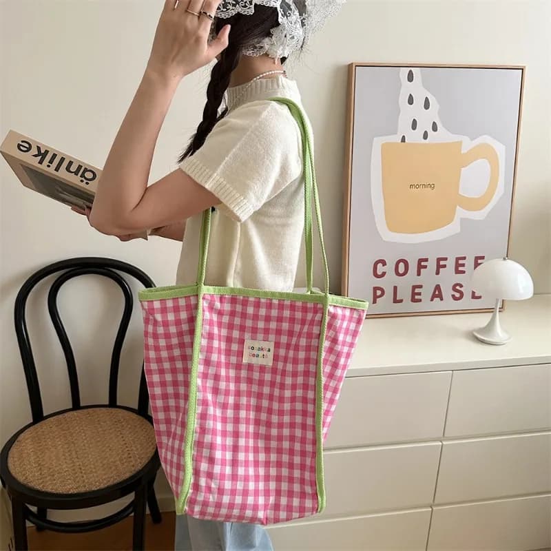 Youda New Canvas Fabric Shoulder Bag For Women Simple Cute Plaid Pattern Handbag Large Casual Capacity Shopper Tote Bags