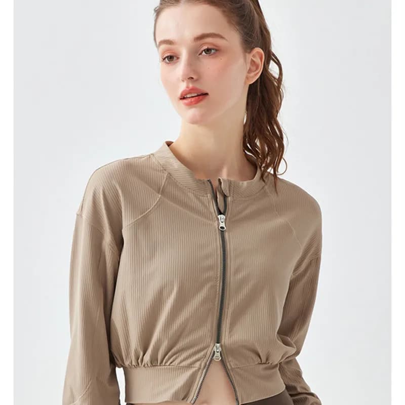 Yoga Gym Fitness Women Round Collar Short Jacket Female Running Training Quick Dry Loose Long Sleeve Two Way Zipper Crop Tops