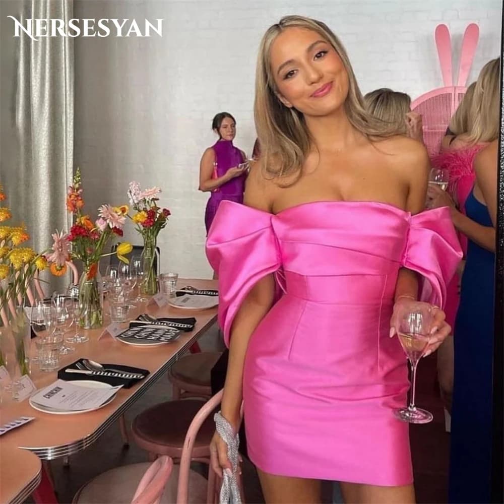 Nersesyan Sexy Pink Mini Evening Dresses Pleated Off Shoulder Satin Backless Prom Dress Graduation Cocktail Party Gowns 2024