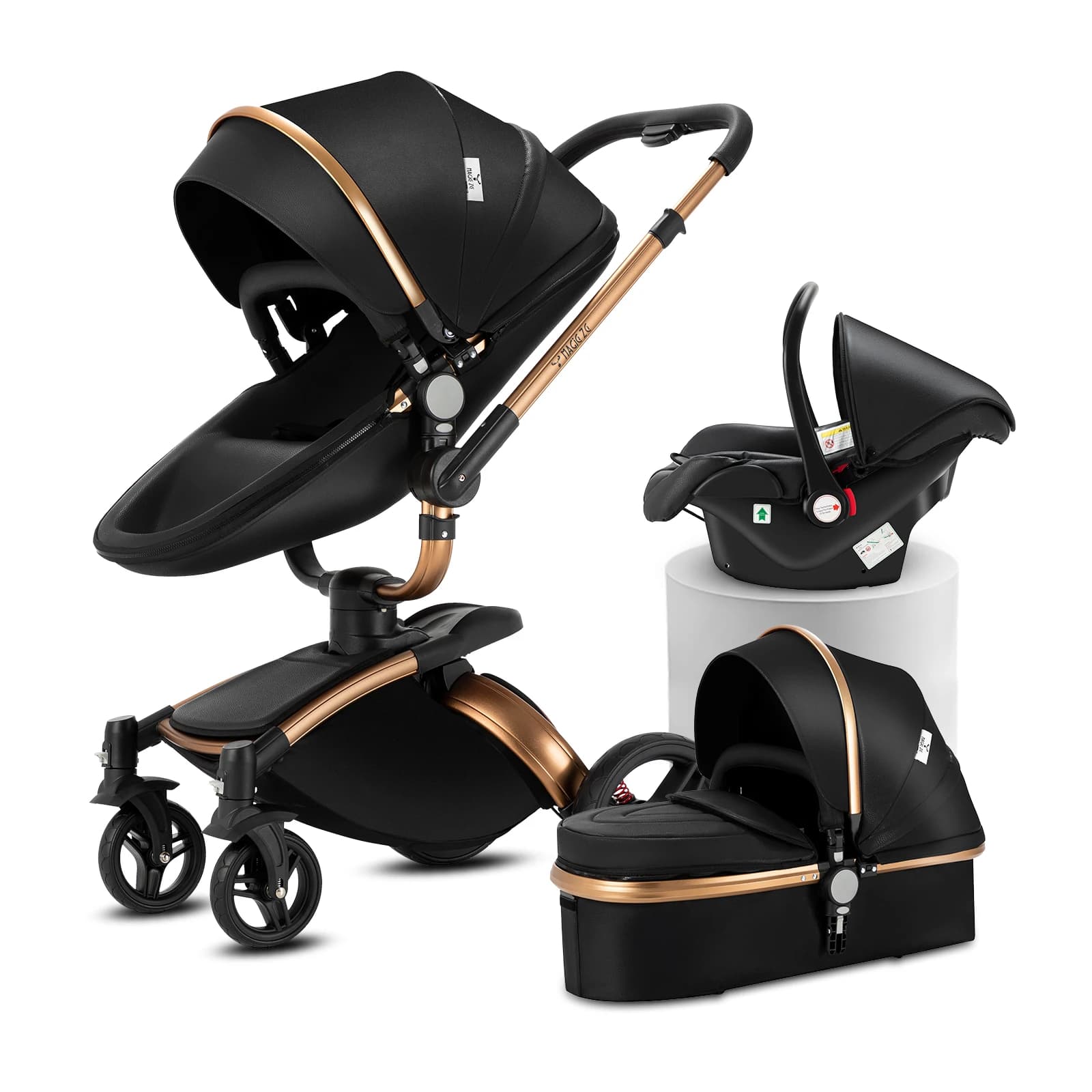 PU Leather Baby Stroller Luxury Lightweight Pushchair High Landscape 360-Degree Rotating Aluminum Frame Baby Carriage Car Seat