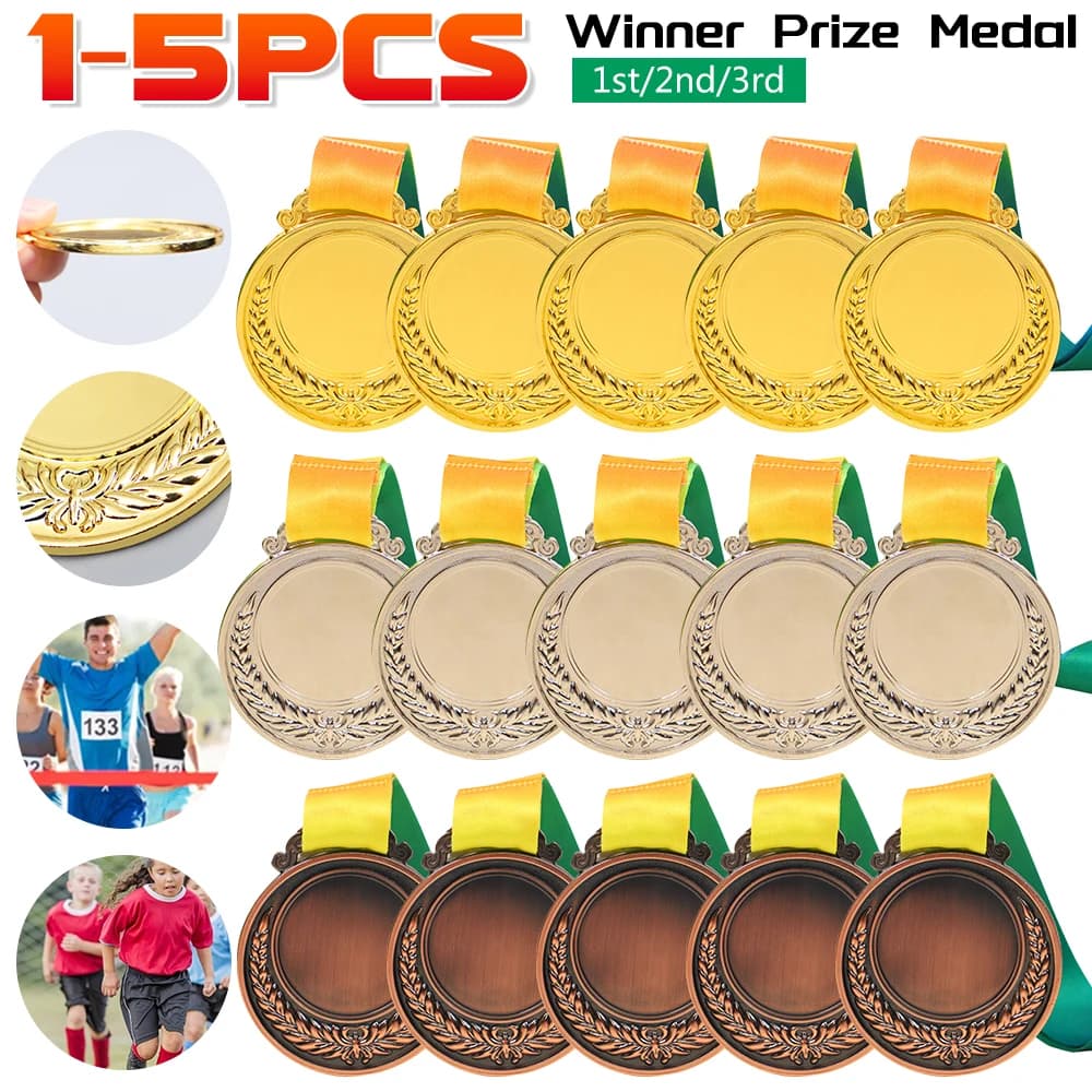 1-5PCS Gold Silver Bronze Award Medals with Neck Ribbon 1st 2nd 3rd Prize Medal for School Football Sports Competition Souvenir