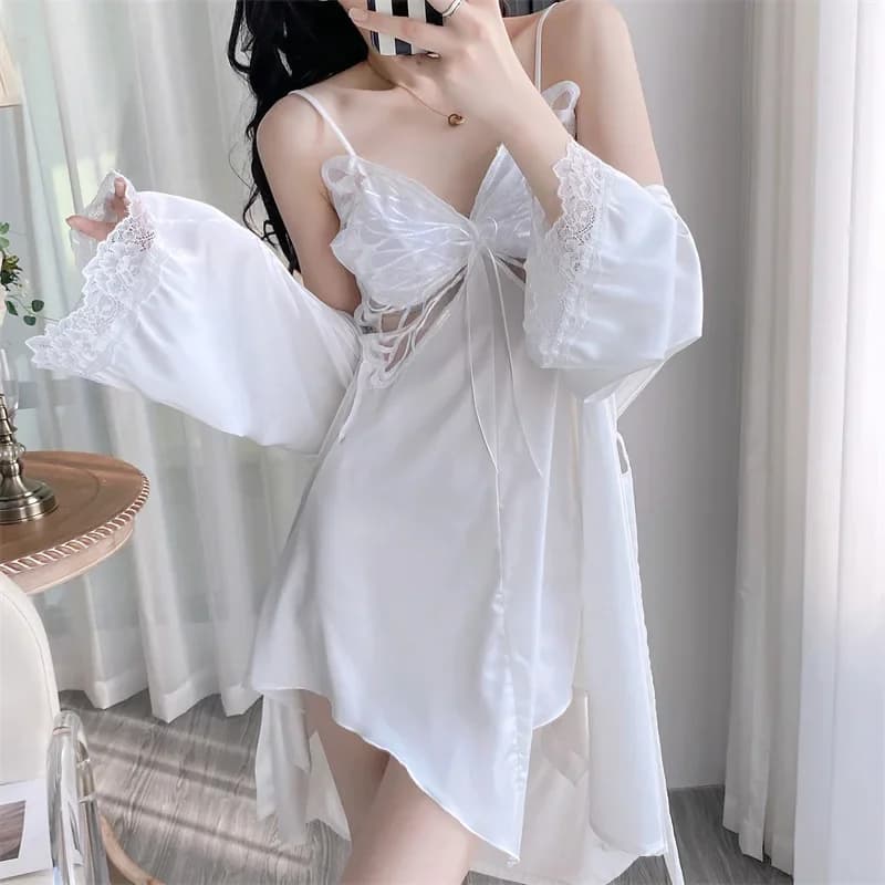 Bride 2PC Lace Robe Set Nightdress Summer Kimono Sleepwear Silky Satin Bathrobe Nightgown Suit Women Nightwear Dressing Gown