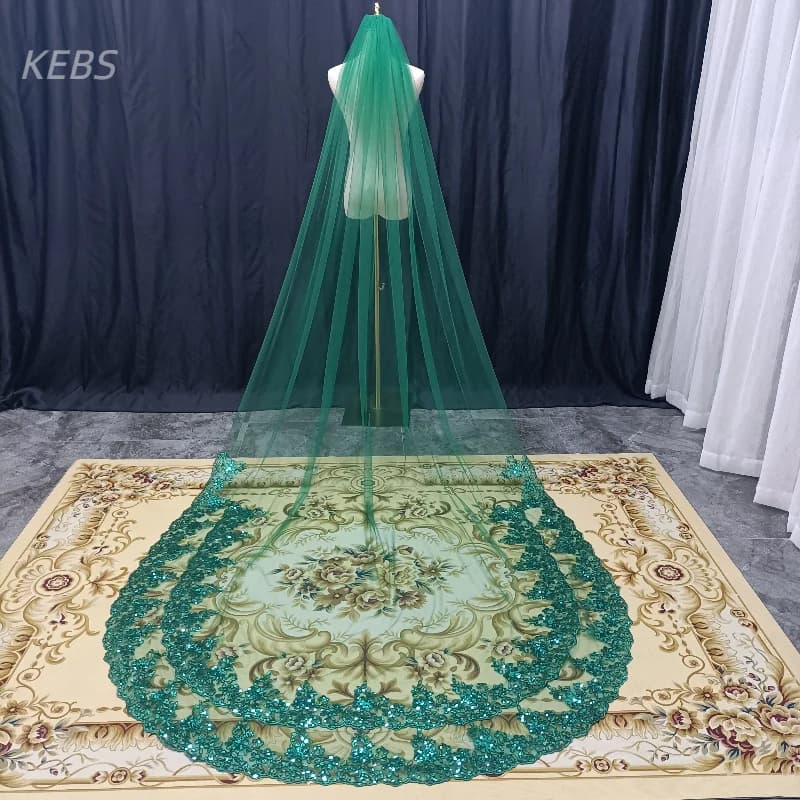 Small church single layer green bride lace veil wedding accessories sequin bud+comb