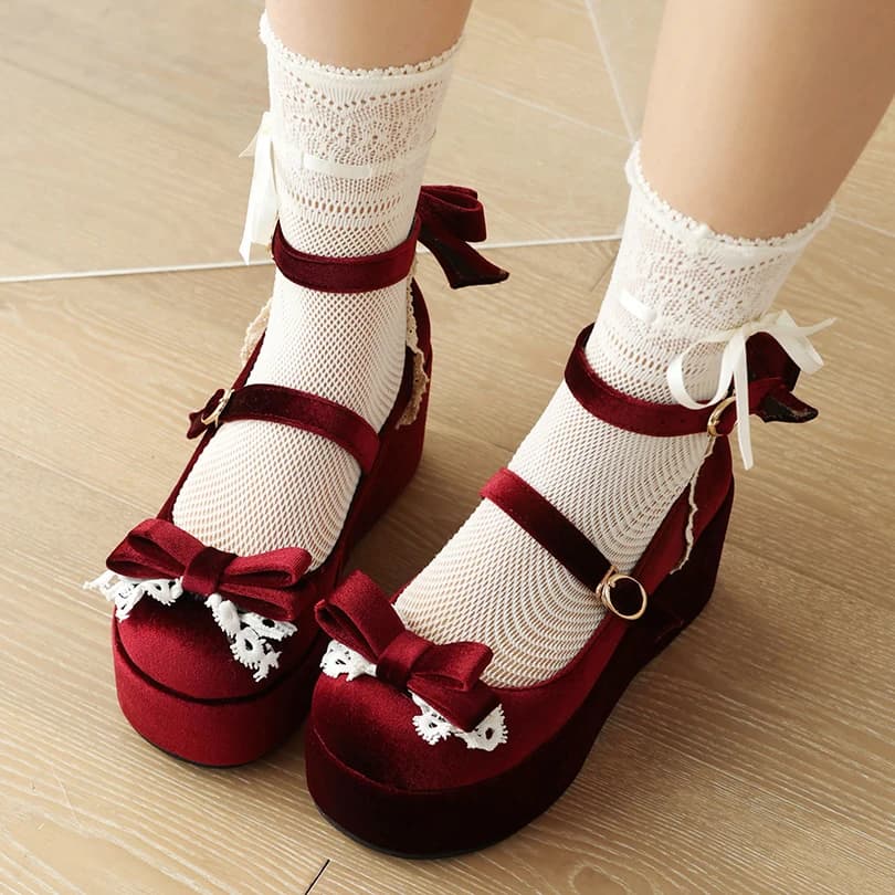 Plus Size Frosted Flock Material Lace Bow Lolita Style Female Shoes Thick Soled Sponge Cake Heels Cute And Sweet Pumps