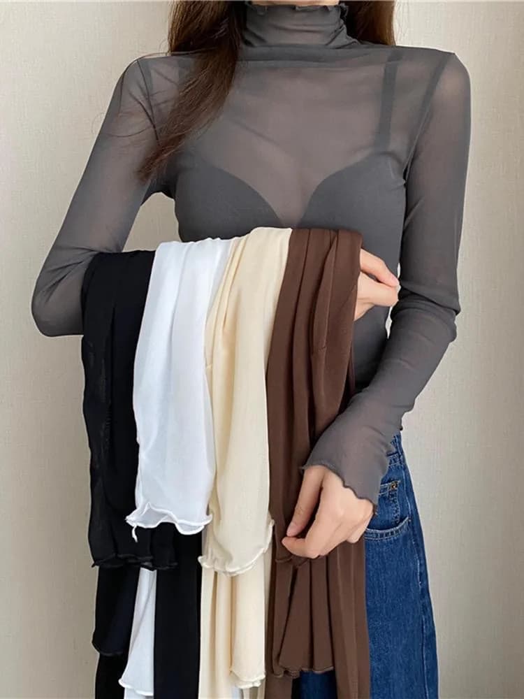 Sexy Women T Shirt See Through Transparent Mesh Tops Long Sleeve Sheer Slim Ladies Solid Turtleneck Silk T-Shirt Lace Crop Top