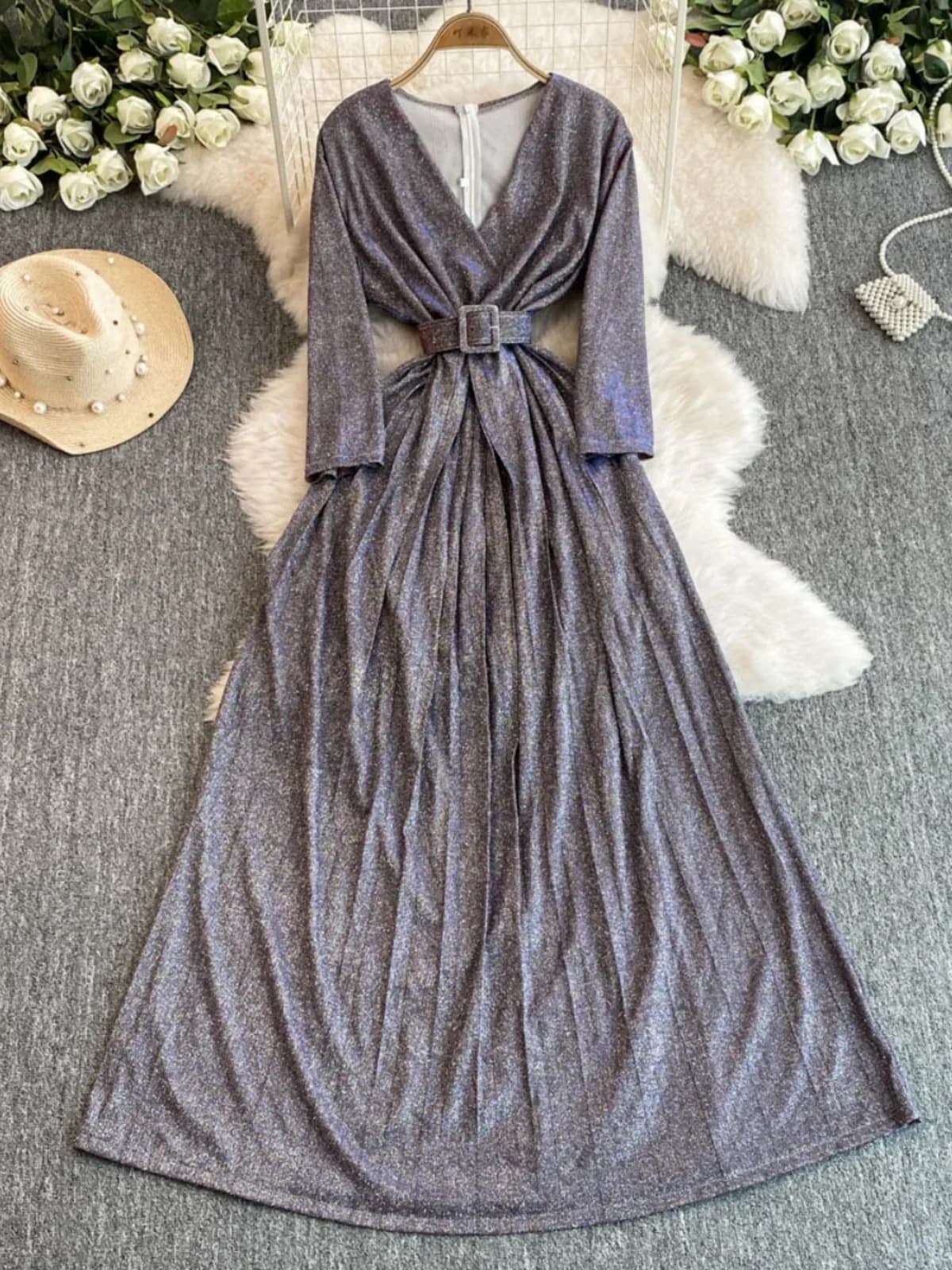 Foamlina Vintage Long Sleeve Evening Dress for Women Banquet V-neck Waist Show Thin Silk Big Swing Party Dresses autumn