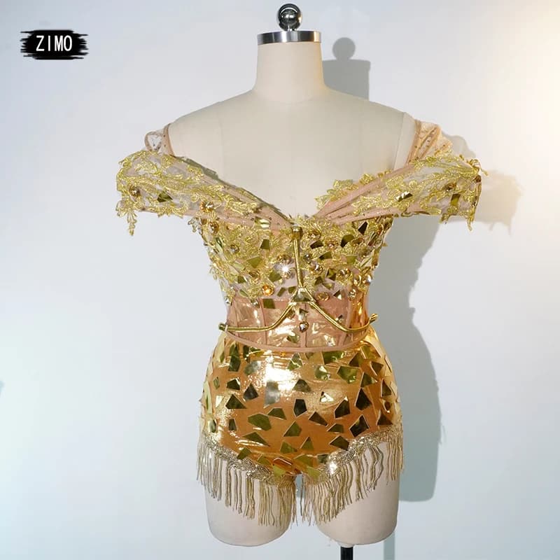 fashion Gold crystal bodysuit sequin top and trousers tassel sets pole dance birthday DJ club DS performance drag queen costumes