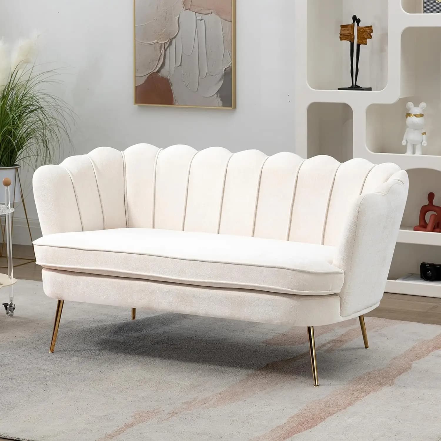 59” Small Modern Chenille Loveseat Sofa, 2-Seater Sofa with Gold Metal Legs, Small Couch with Flower Shaped Back for Living Room