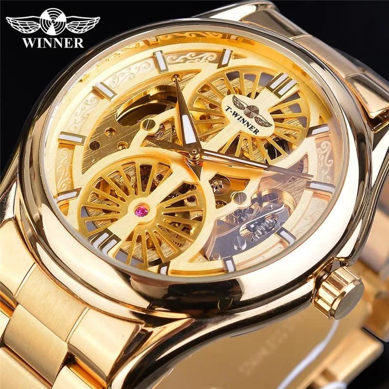 Fashion Winner Top Brand Full Stainless Luxury Golden Steel Men's Casual Hollow Out Automatic Mechanical Skeleton Gift Watches