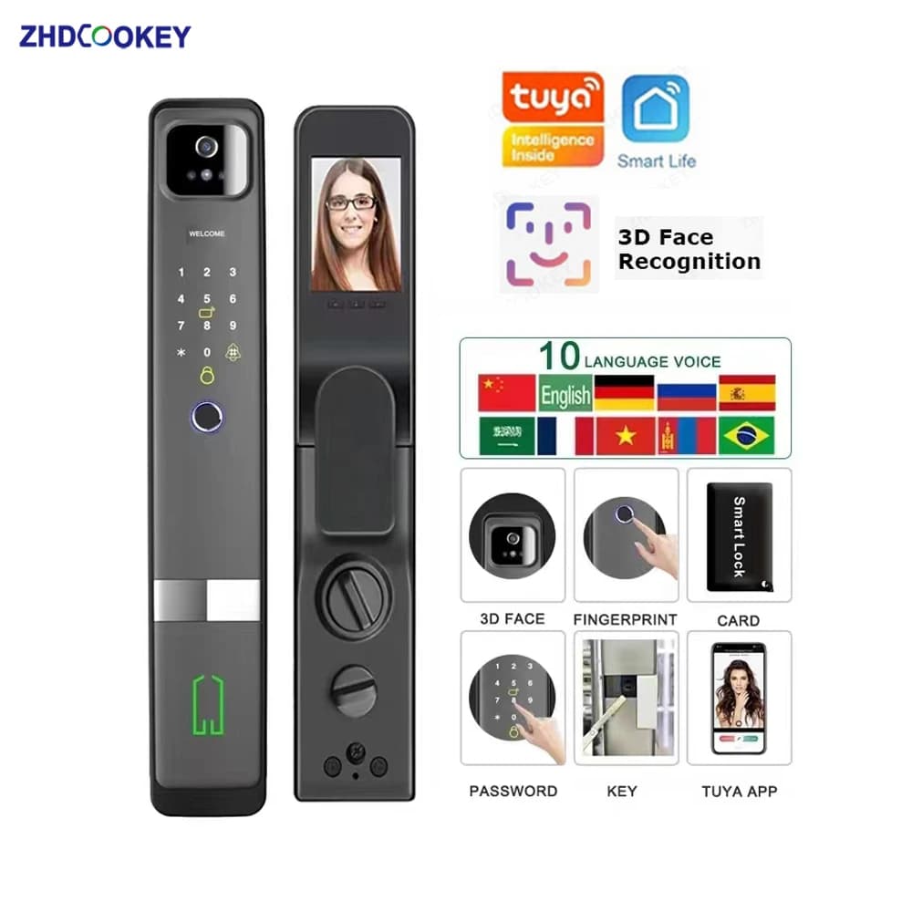 ZHDCOOKEY 3D Face Tuya WIFI Smart Lock APP Fingerprint M1 RFID Card Password Security Antitheft Electronic Door Lock with Camera