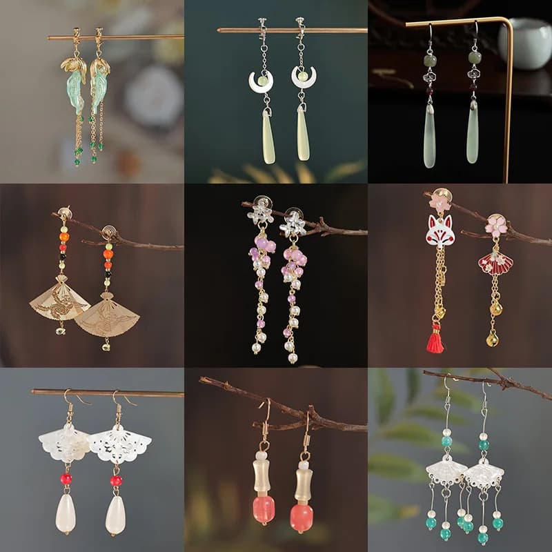 Ethnic Chinese Fan Shaped Jade Pendant Earrings for Women Retro Palace Style Elegant Jewelry Hanfu Accessories Tassel Earring