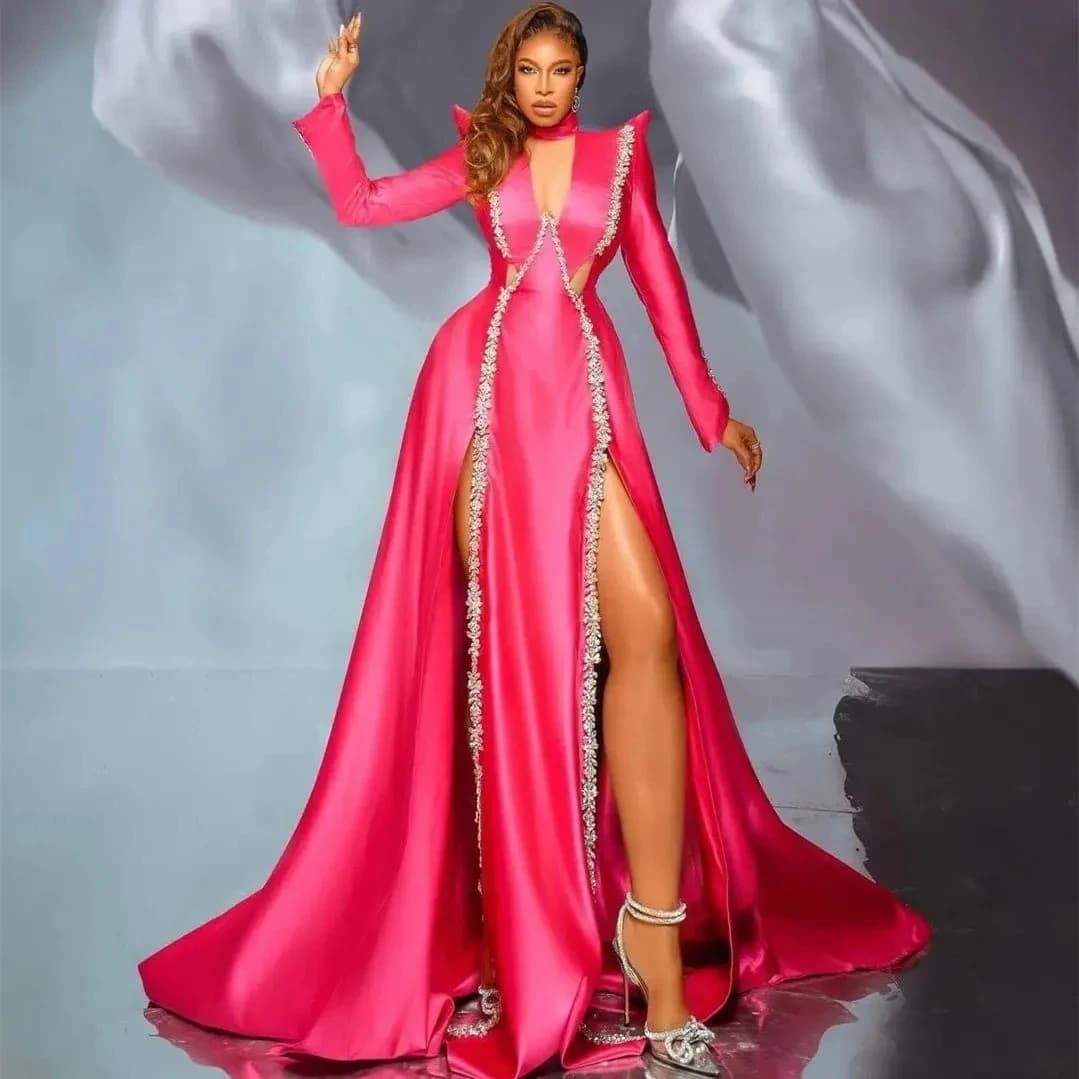 Fuchsia Aso Ebi African Evening Dresses A-line Deep V-neck Long Sleeves Slit Long Ghana Nigeria Black Girls Evening Gown Prom
