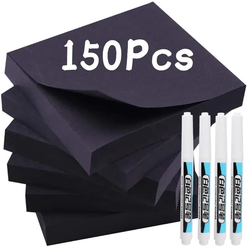 Creative Paper Black Sticky Notes with White Marker Pens Self Adhesive Memo Pad Posted It Notepad for School Office